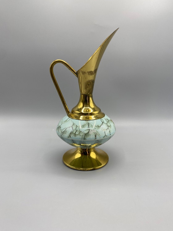 Decoratieve schenkkan van blauw gebarsten glas en verguld messing – Glazen & Karaffen, Brass (photo 3 of 6)