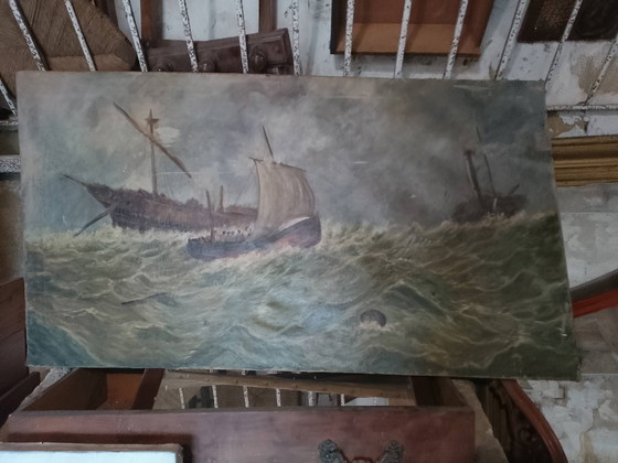 Image 1 of Oud, groot olieverfschilderij op canvas, zeegezicht, gesigneerd 1965.