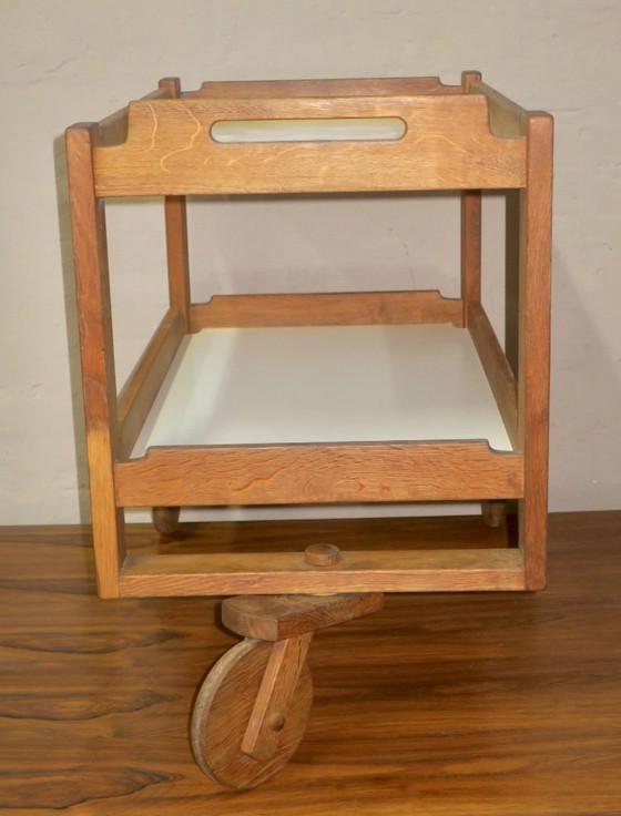 Brutalist Scandinavian Bar Cart / Serving Trolley in Solid Oak, 1950s-60s – Wood (photo 11 of 14)
