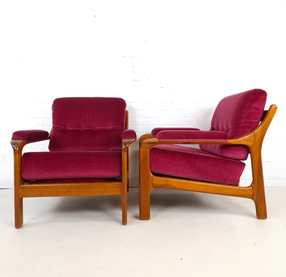 Image 1 of 2 poltrone vintage di design danese anni '70 in legno e velluto rosa