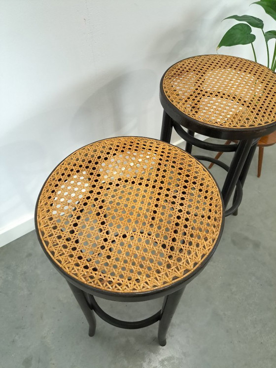 Image 1 of Set of 1950s wooden bar stools with webbing from France