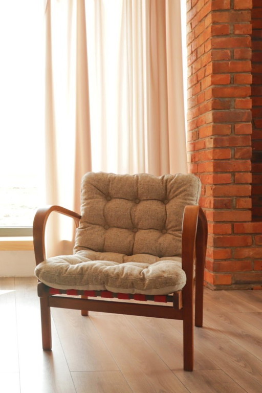 Mid Century Lounge Chair Czechoslovakian Duet Designer K.Kozelka & A.Kropacek, 1940s, bentwood, natural recycling fabric 