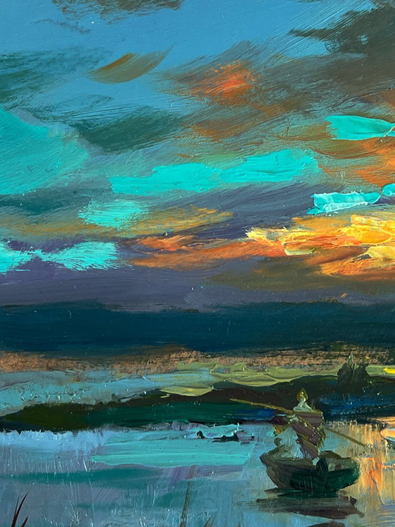 Impressionistisches Landschafts-Ölgemälde mit Boot und Sonnenuntergangsfischen, Gemälde & Zeichnungen, Holz (Foto 4 von 11)