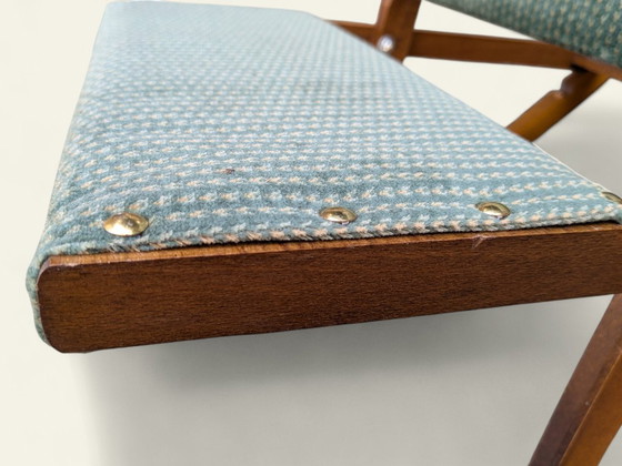 Image 1 of Repose-pieds vintage des années 60 - repose-pieds réglable en hauteur et recouvert d'un tissu à motifs turquoise