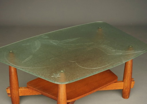 Grote art-deco salontafel met opvallend glazen blad, jaren 1940