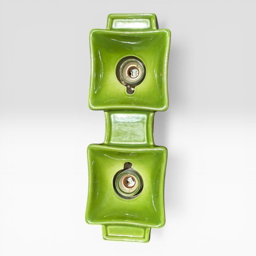 Vintage green wall lamp by PAN Keramik. Green lamp with two sockets. Ceramic. Retro, 70s style.