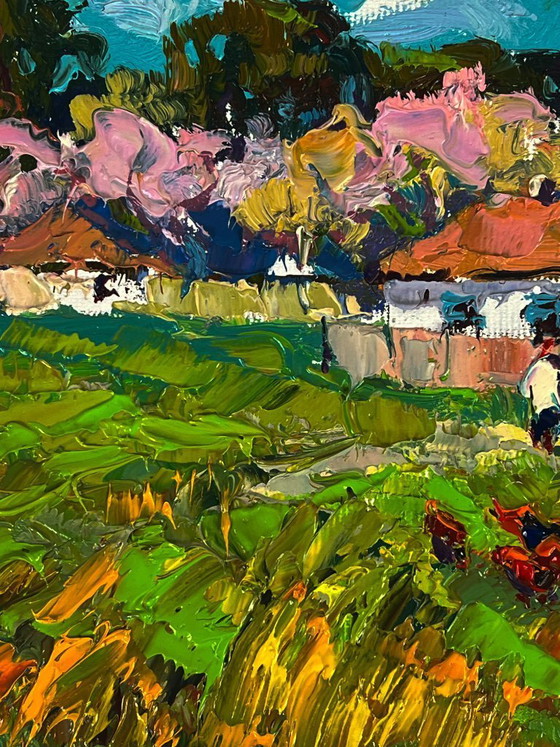 Image 1 of Peinture à l'huile originale représentant un paysage rural, une rue et le parfum printanier du village