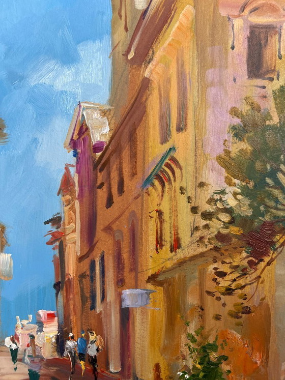 Image 1 of Pintura al óleo original Paisaje urbano diurno Antiguo callejón de la ciudad