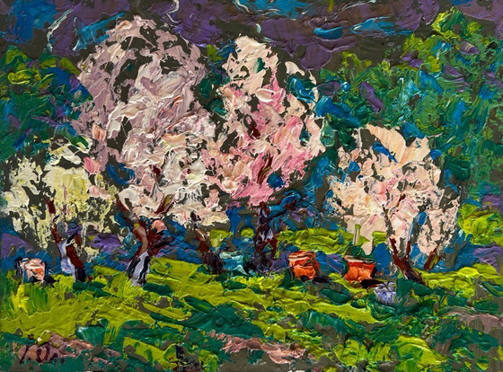 Image 1 of Original Oil Painting Spring Flowers Landscape Spring Blossom