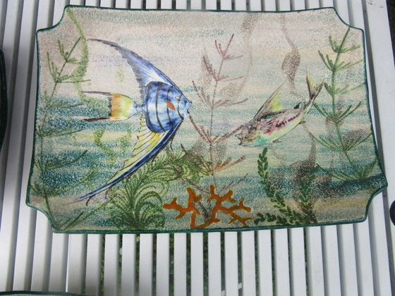 Image 1 of M.G.A. G. Mazzotti Albisola Italia 6 Piatti da Pesce, 1 Vassoio Grande da Portata e 1 Ciotola con Coperchio