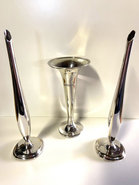 Image 1 of Lots de Petits Vases Soliflores Anciens Laiton & Bronze Argenté WMF Art Déco