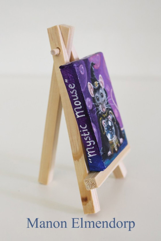 Unique Hand-Painted Miniature Painting Magic Mouse Signed, Paintings & Drawings, Canvas, Purple, Figuratief (photo 4 of 6)