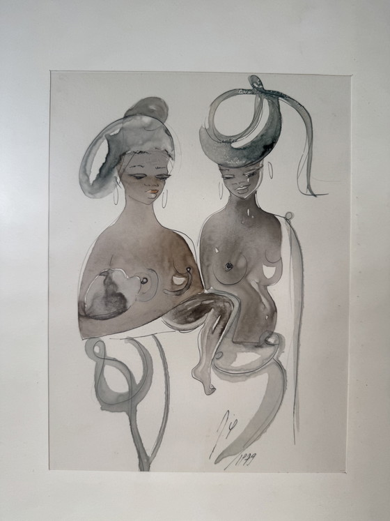 Dibujo original de arte africano modernista de 1979: Maternidad (acuarela y tinta). – Pinturas y dibujos (photo 6 of 6)