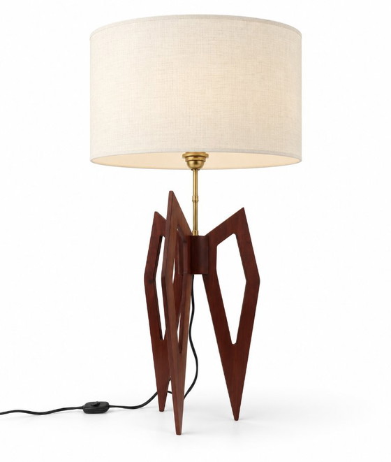Grande Lampada Scultorea a Treppiede in Legno Tinto, Linee a Compasso – Anni 1960-70 – Lampade da tavolo (photo 9 of 10)