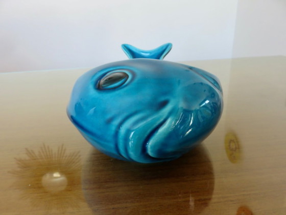 Image 1 of Blauwe crackle-ware "vis" zak netjes, Charolles, Frankrijk, 1960