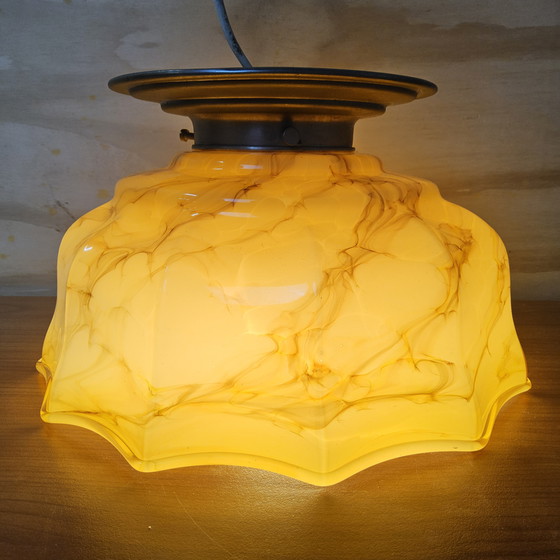 Image 1 of Plafonnier Art Déco ancien en verre marbré (jaune/orange)