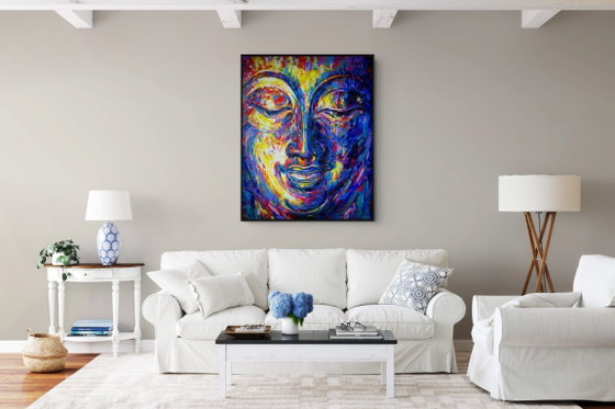 Image 1 of Unique hand-painted Buddha painting "Inner Joy" – Seksak Jaichumchen – 100 × 120 cm