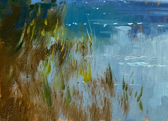 Image 1 of Original Oil Painting Summer River Landscape By the evening in nature