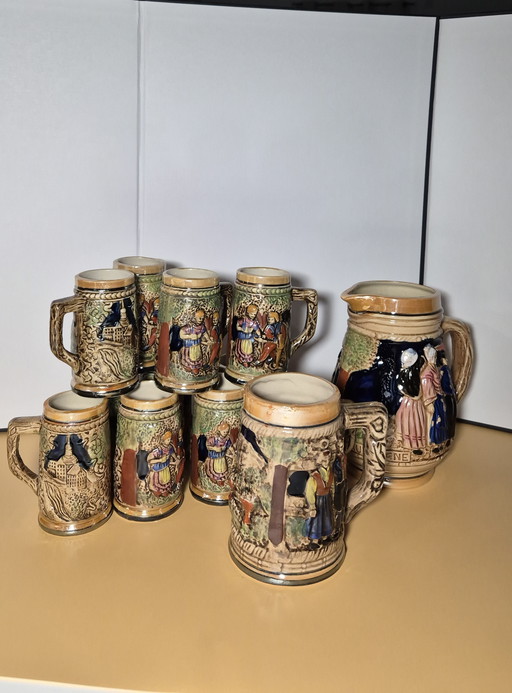 Vintage Ceramic Beer Mug Set, Probably German Origin