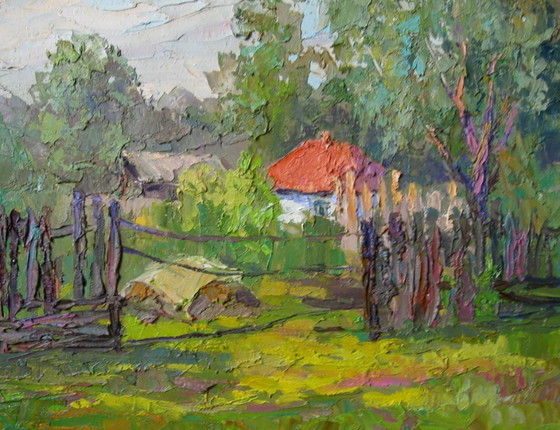 Origineel Olieschilderij Landelijk Landschap Zomerdorp Wit Huis – Schilderijen & Tekeningen, Canvas (photo 8 of 8)