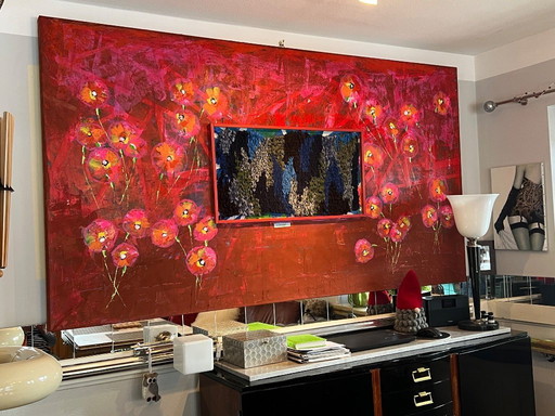 Oil/acrylic painting of a flying carpet in red