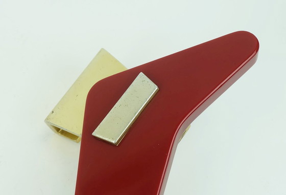 Image 1 of a pair of very rare mid-century door handles push handles red bakelite and aluminum 1950s streamline bungalow
