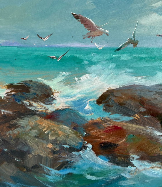 Image 1 of Original Oil Painting Sea Waves Landscape Song of the waves and wind