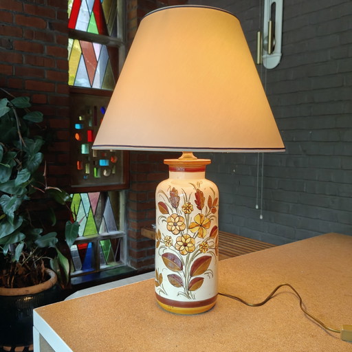 Large 1970s Hand-Painted Ceramic Table Lamp Ø40 cm – Floral Pottery Lamp