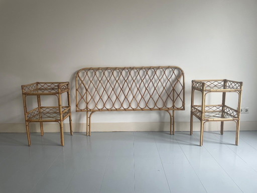 Set da camera da letto vintage in rattan – testiera e due comodini – anni '70