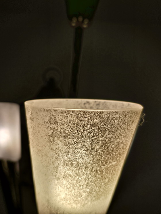 Image 1 of Vintage Mid-Century Brutalist Trumpet Horn Chandelier – Frosted Glass & Patinated Metal