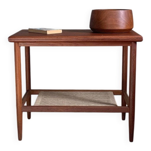 Vintage salontafel met tijdschriftenrek van teakhout en touw