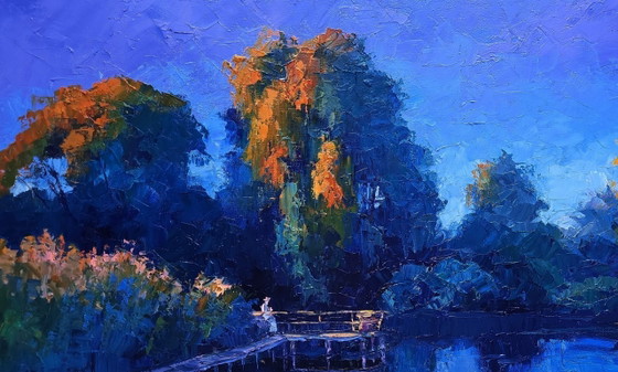 Image 1 of Original Oil Painting Nature Landscape Summer Sunset Evening on the Lake