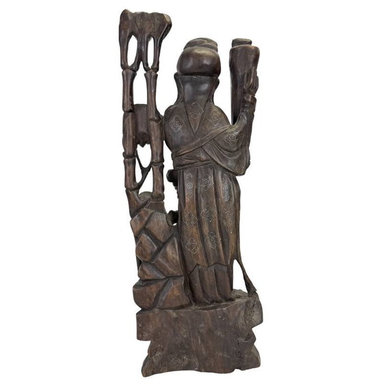 Estatua china antigua "Magu" con incrustaciones de plata - Madera dura - Siglo XIX (43 cm) – Esculturas (photo 6 of 15)