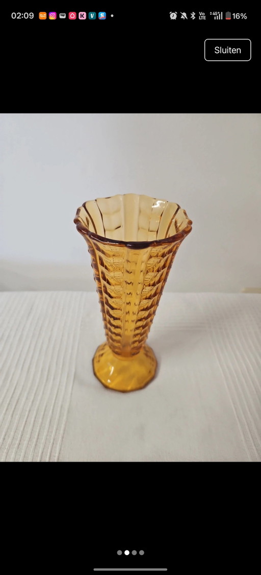 Vintage Ząbkowice Vase – Amber Pressed Glass (Mid-Century / 1970s)