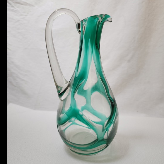Handgeblazen kunstglazen kan uit het midden van de 20e eeuw in turquoise groen – organische, vrije vorm (photo 11 of 12)