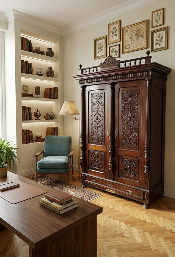Antique Style Baroque Revival Carved Oak Wardrobe (photo 2 of 6)