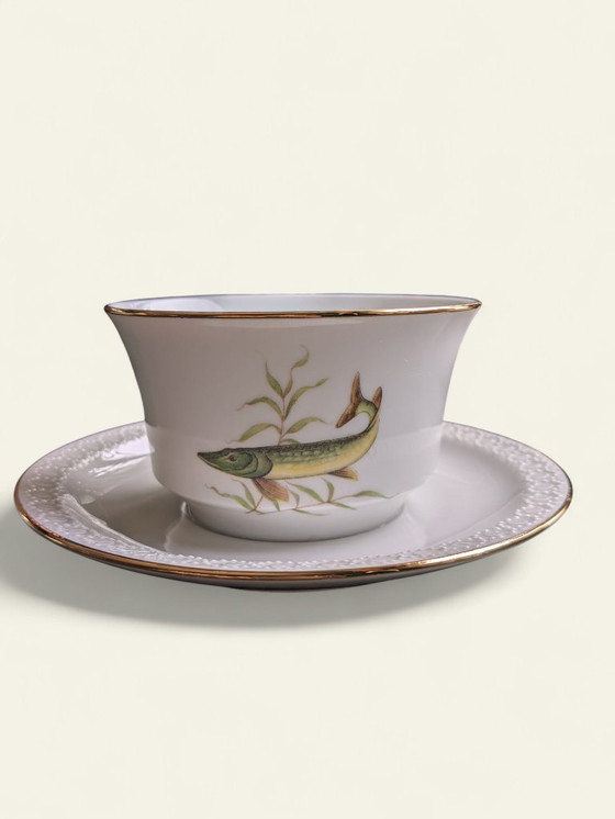 Image 1 of Rarità! Servizio vintage di porcellana con motivi di pesci e bordo dorato | Hutschenreuther, Selb, Eschenbach | Dipinto a mano