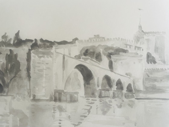 Image 1 of Signiertes Aquarell monochrom sepia Pont d'Avignon