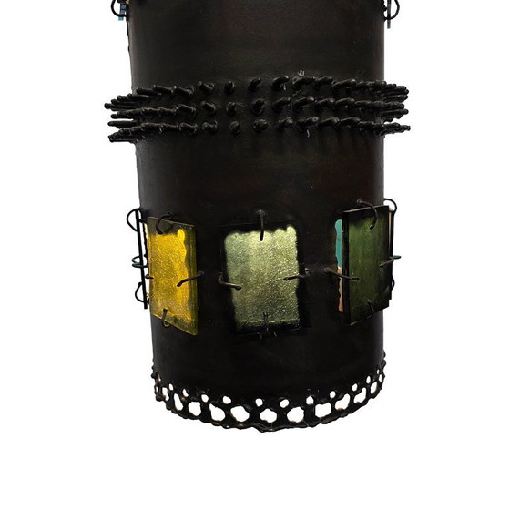 Image 1 of Lampada a sospensione brutalista francese con vetro colorato, anni '70