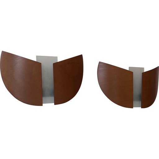 Pair of vintage wall lamp in thermoformed wood and sandblasted glass, France 1980