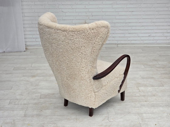 1960s, Danish high-back armchair, genuine sheepskin, reupholstered. – Wood (photo 13 of 22)