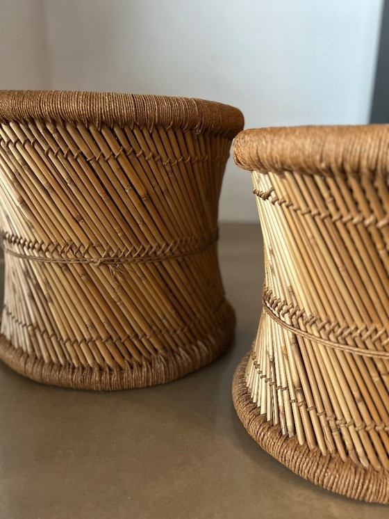 Image 1 of Set of side tables/poufs/plant tables made of bamboo with woven jute