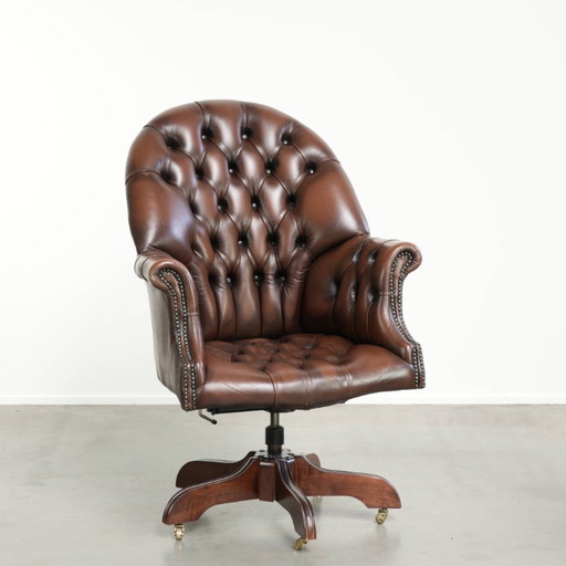 Chaise de bureau Chesterfield en cuir de vachette marron de style anglais luxueux