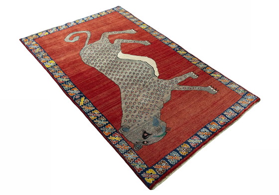 Image 1 of Hand-knotted Gabbeh nomadic rug - 208 x 133 cm - leopard motif on red