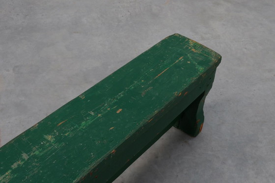 Image 1 of Panca rustica primitiva verde in rovere massiccio, Francia ca. 1900