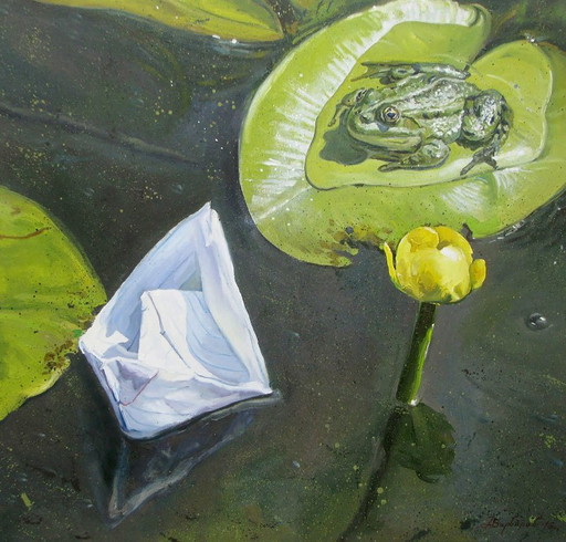 Origineel olieverfschilderij, moderne kunst, symboliek, waterlelie, kikker, een ontmoeting – schilderijen tekeningen, Canvas