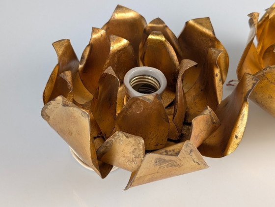 Image 1 of Paire d'appliques murales florales en métal doré, Hans Kögl, années 1970