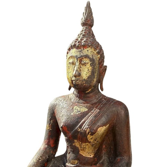 Antique Burmese Buddha - Teak Wood & Gold Leaf - 29cm – Sculpture (photo 9 of 12)