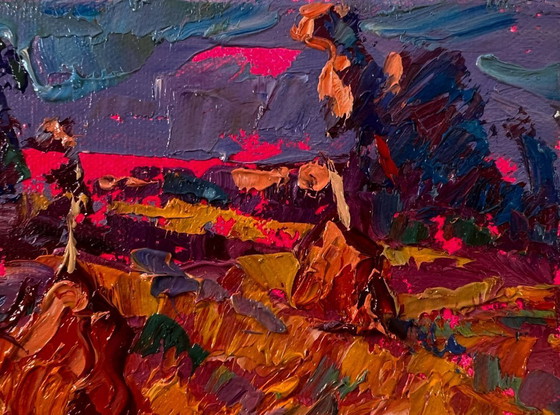 Image 1 of Original Oil Painting Autumn Nature Landscape Sunset Over The Field