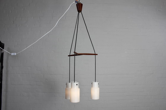 Drieflammige Deense plafondlamp teak vintage – Hanglampen, Wood, Glass, Scandinavian (photo 5 of 13)